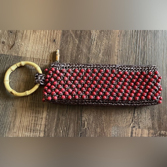 Coldwater Creek Handbags - Coldwater Creek Wooden Beaded clutch wristlet handbag Bamboo Brown Terra Cotta.